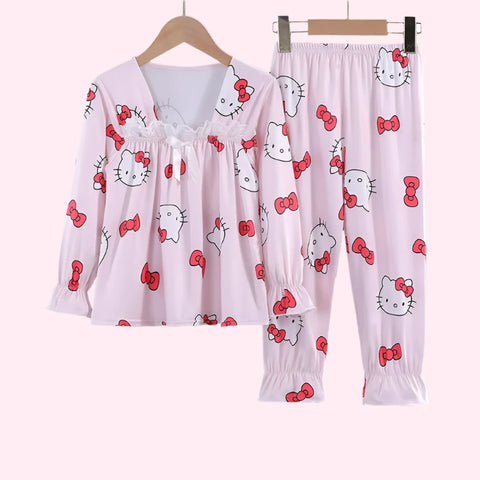 Cute Girls Pajama Set with Bow Lace Decoration – Comfortable & Trendy Nightwear
