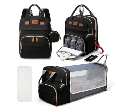 3-in-1 Waterproof Nappy Bag Backpack with Foldable Baby Bed and USB Charging
