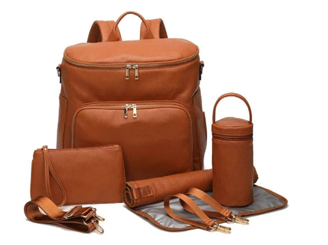 7-in-1 Baby Nappy Bag - Solid PU Leather Maternity Backpack with Changing Pad