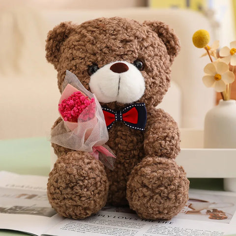 Kawaii Teddy Bear with Bouquet Plush Toy – Soft Stuffed Bow Tie Bear
