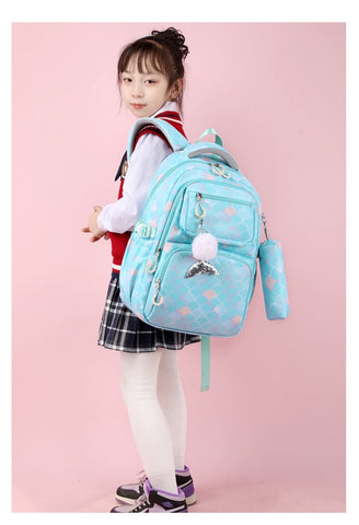 Fish Scale Print Mermaid Backpack Set for Girls – Waterproof School Bag with Pendant