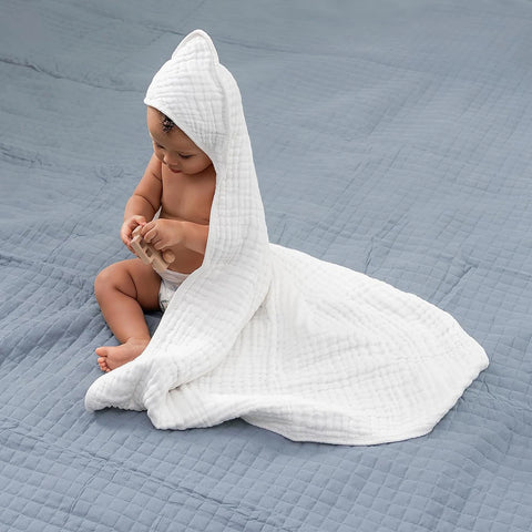 1 Pure White Baby Hooded Towel - Muslin Baby Bath Towel