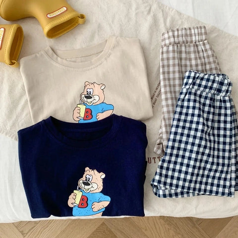 Baby Boys Cartoon T-Shirt and Plaid Shorts Set - Summer Toddler Clothing