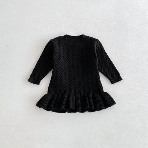 Girls O-Collar Knitted Solid Dress – Ruffle Knitwear Dress