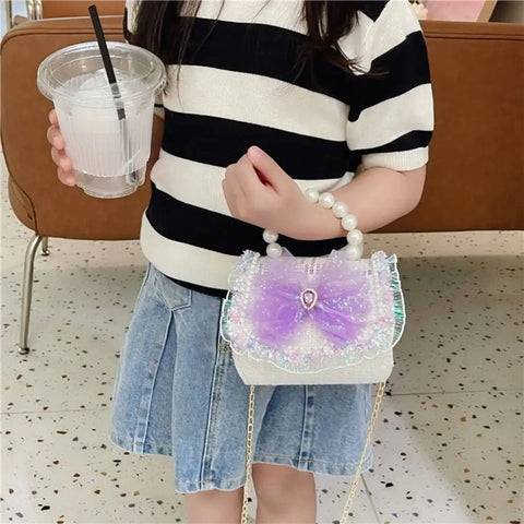 Kids Sequins Crossbody Bag – Mini Princess Coin Purse with Pearl Handle
