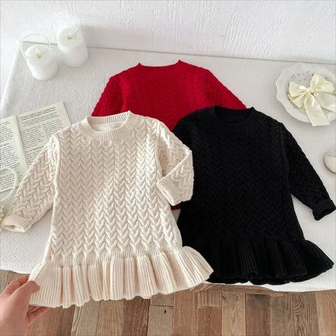 Girls O-Collar Knitted Solid Dress – Ruffle Knitwear Dress