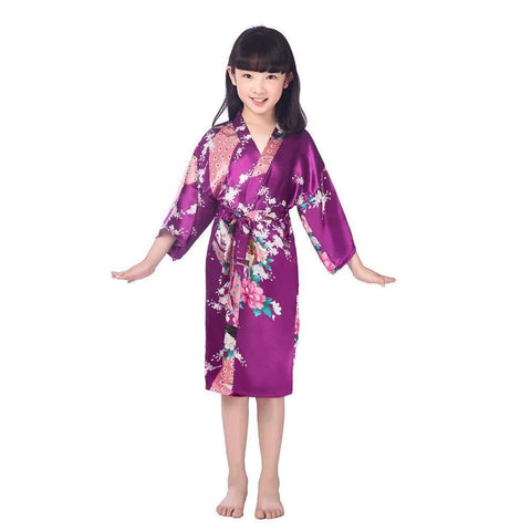 Kids Satin Floral Kimono Robe – Flower Girl Peacock Bathrobe