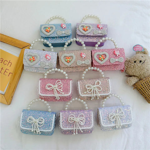 Pearl Beaded Bow Sequin Handbags for Girls