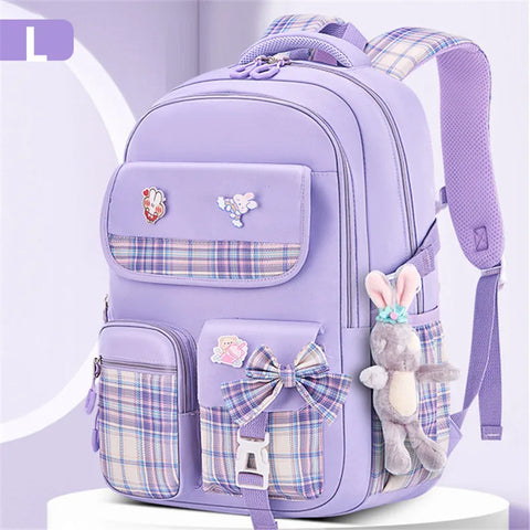Kawaii Rabbit Pendant Waterproof School Backpack for Girls – Cute Bow Knot Design for Kids