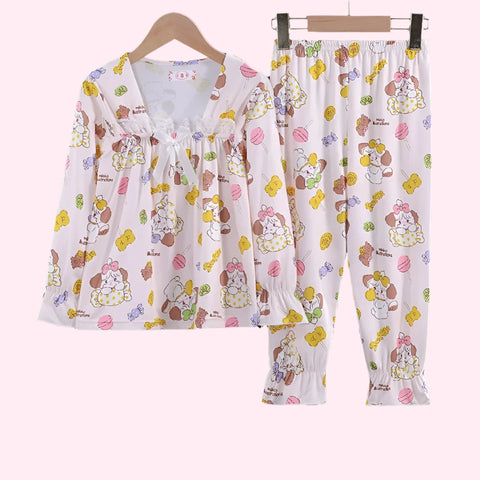 Cute Girls Pajama Set with Bow Lace Decoration – Comfortable & Trendy Nightwear