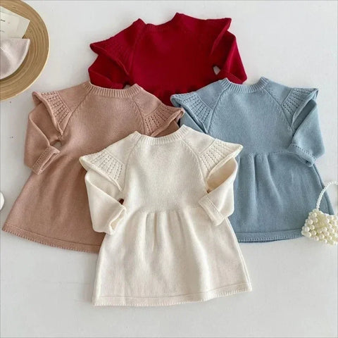 Girls Ruffle Knitted Wool Long Sleeve Dress - Autumn Sweater Dress