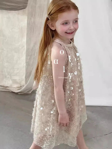 Summer Girl’s Golden Sleeveless A-line Sequin Dress – Spanish Style with Bow