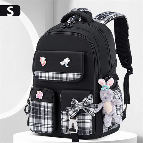 Kawaii Rabbit Pendant Waterproof School Backpack for Girls – Cute Bow Knot Design for Kids