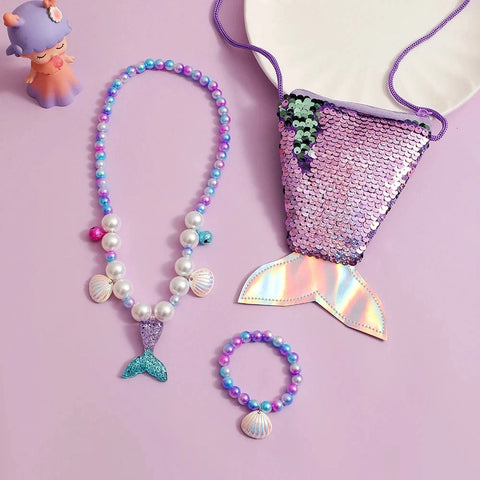 Cute Pearl Bracelet, Necklace, and Fishtail Crossbody Bag Set for Girls