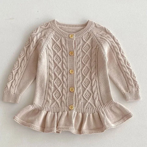 Girls' Sweater Long Sleeve Dress – Retro Ruffle Edge Knitted Wool Dress