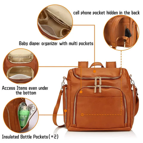 7-in-1 Baby Nappy Bag - Solid PU Leather Maternity Backpack with Changing Pad