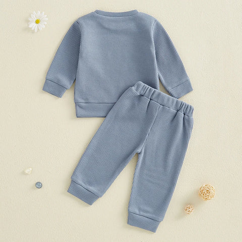 Spring Autumn Baby Boy Waffled Clothes – Letter Print Sweatshirt & Pants Set