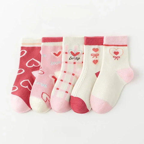 Five Pairs Kids Love Heart Flower Print Cotton Socks