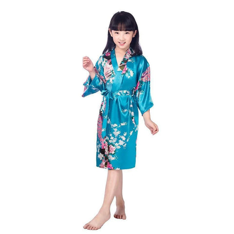 Kids Satin Floral Kimono Robe – Flower Girl Peacock Bathrobe