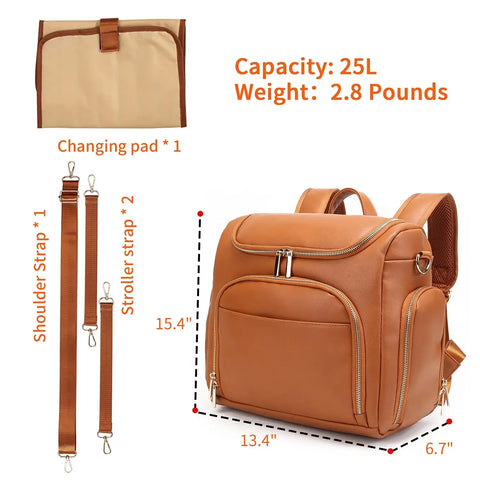 7-in-1 Baby Nappy Bag - Solid PU Leather Maternity Backpack with Changing Pad