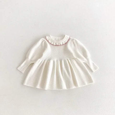 Girls A-line Knitted Dress - Children's Sweet Lotus Leaf Collar