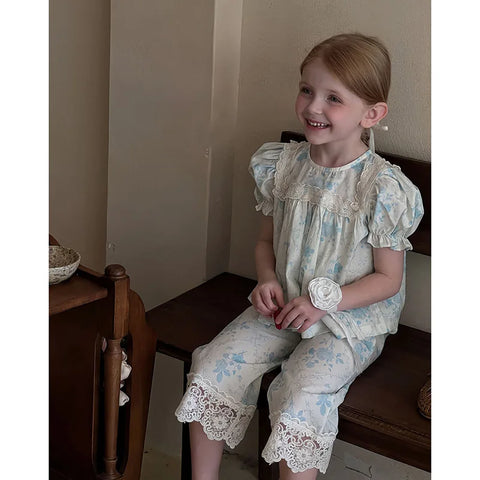 Vintage Kid Girl Lolita Floral Lace Pajama Set – Puff Sleeve Sleepwear