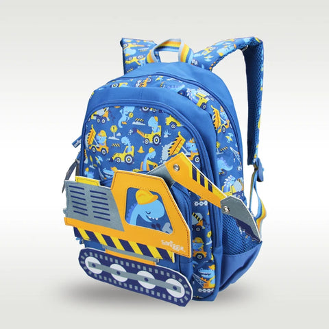 Cool Children's Schoolbag for Boys – Blue Construction Car Backpack for 4-7 Years