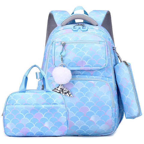 Fish Scale Print Mermaid Backpack Set for Girls – Waterproof School Bag with Pendant
