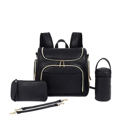 7-in-1 Baby Nappy Bag - Solid PU Leather Maternity Backpack with Changing Pad