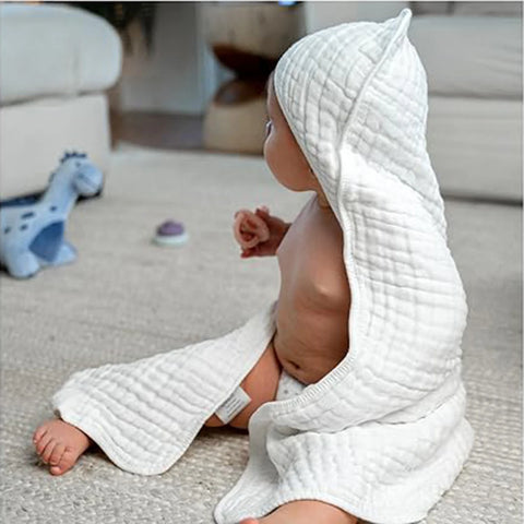 1 Pure White Baby Hooded Towel - Muslin Baby Bath Towel
