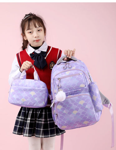 Fish Scale Print Mermaid Backpack Set for Girls – Waterproof School Bag with Pendant