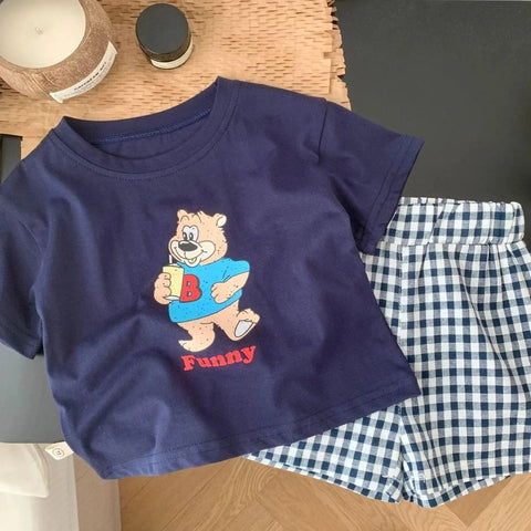 Baby Boys Cartoon T-Shirt and Plaid Shorts Set - Summer Toddler Clothing