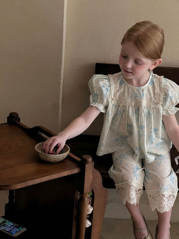 Vintage Kid Girl Lolita Floral Lace Pajama Set – Puff Sleeve Sleepwear