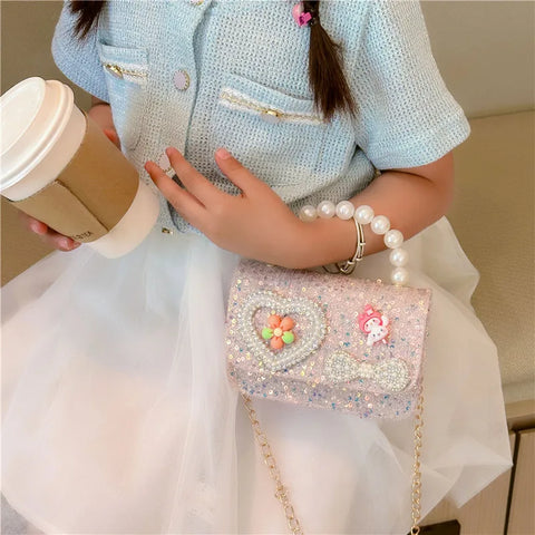 Pearl Beaded Bow Sequin Handbags for Girls