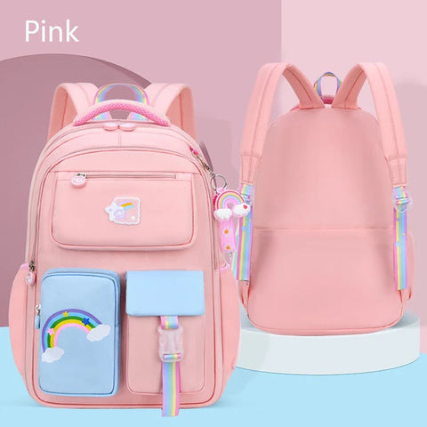Kids Backpacks for Girls – Macaron Color School Bag with Rainbow Pendant