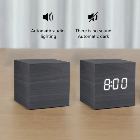 Wooden Digital Alarm Clock with Temperature & Sound Control