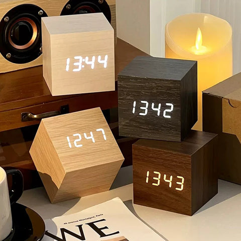 Wooden Digital Alarm Clock with Temperature & Sound Control