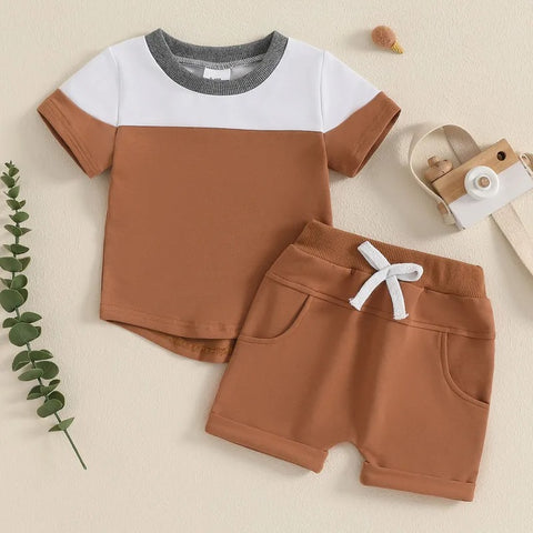 Toddler Boy Cotton Clothing Set – Contrast Short Sleeve Top & Pocket Shorts