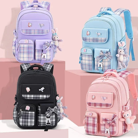 Kawaii Rabbit Pendant Waterproof School Backpack for Girls – Cute Bow Knot Design for Kids