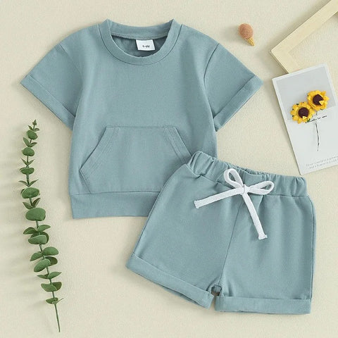 2-Piece Outfit Set for Boys – Solid Color Pocket T-Shirt & Elastic Shorts for Summer