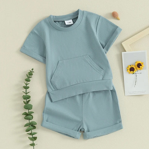 2-Piece Outfit Set for Boys – Solid Color Pocket T-Shirt & Elastic Shorts for Summer