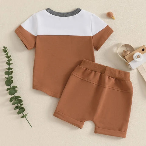 Toddler Boy Cotton Clothing Set – Contrast Short Sleeve Top & Pocket Shorts