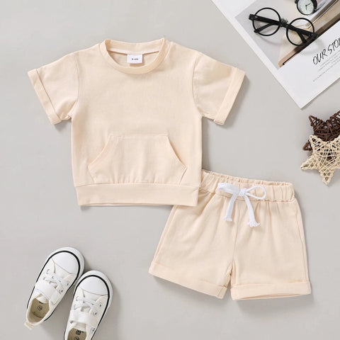 2-Piece Outfit Set for Boys – Solid Color Pocket T-Shirt & Elastic Shorts for Summer