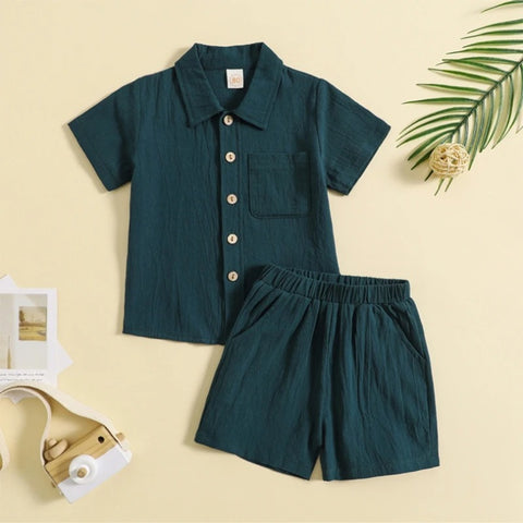 Boys Casual Outfit Set – Cotton Baby Boys Costume with Button Shirt & Elastic Waist Shorts