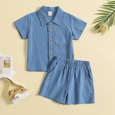 Boys Casual Outfit Set – Cotton Baby Boys Costume with Button Shirt & Elastic Waist Shorts