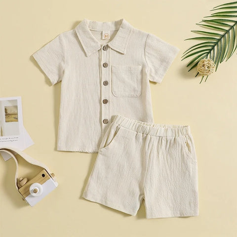 Boys Casual Outfit Set – Cotton Baby Boys Costume with Button Shirt & Elastic Waist Shorts